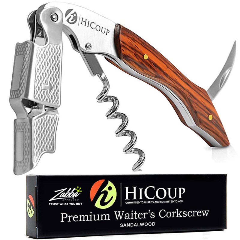 HiCoup Kitchenware فتاحة نبيذ هيكوب - مفتاح احترافي لزجاجات النبيذ مع قاطع ورق الألمنيوم ومزيل الأغطية - مفتاح نبيذ يدوي للخدم والنُدُل وبارتندرز والاستخدام المنزلي - خشب الصندل - Image 1